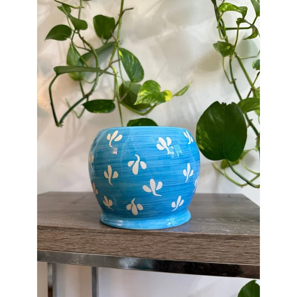 Blue Ceramic Bowl with White Floral Pattern